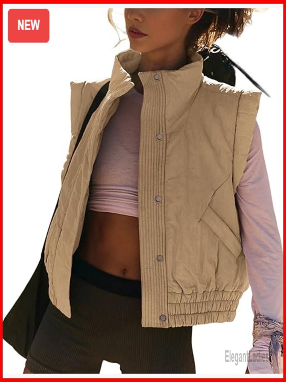 Quilted Puffer Vest with Button Closure Stand Collar Pockets Loose Fit